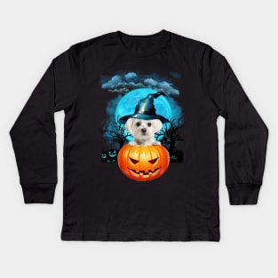 White Maltese Witch Hat Pumpkin And Blue Moon Halloween Kids Long Sleeve T-Shirt